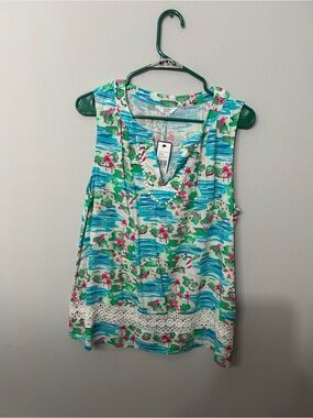 crown & ivy Sleeveless Peasant Top in Aqua, Green & Pink Large NWT